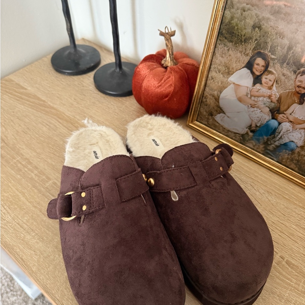 Aerie Brown Suede Clogs with Faux Fur Lining